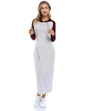 Women Long Sleeve Pullover Hoodie Dress Stripe Pocket Slim Sweatshirt Casual Maxi Dress