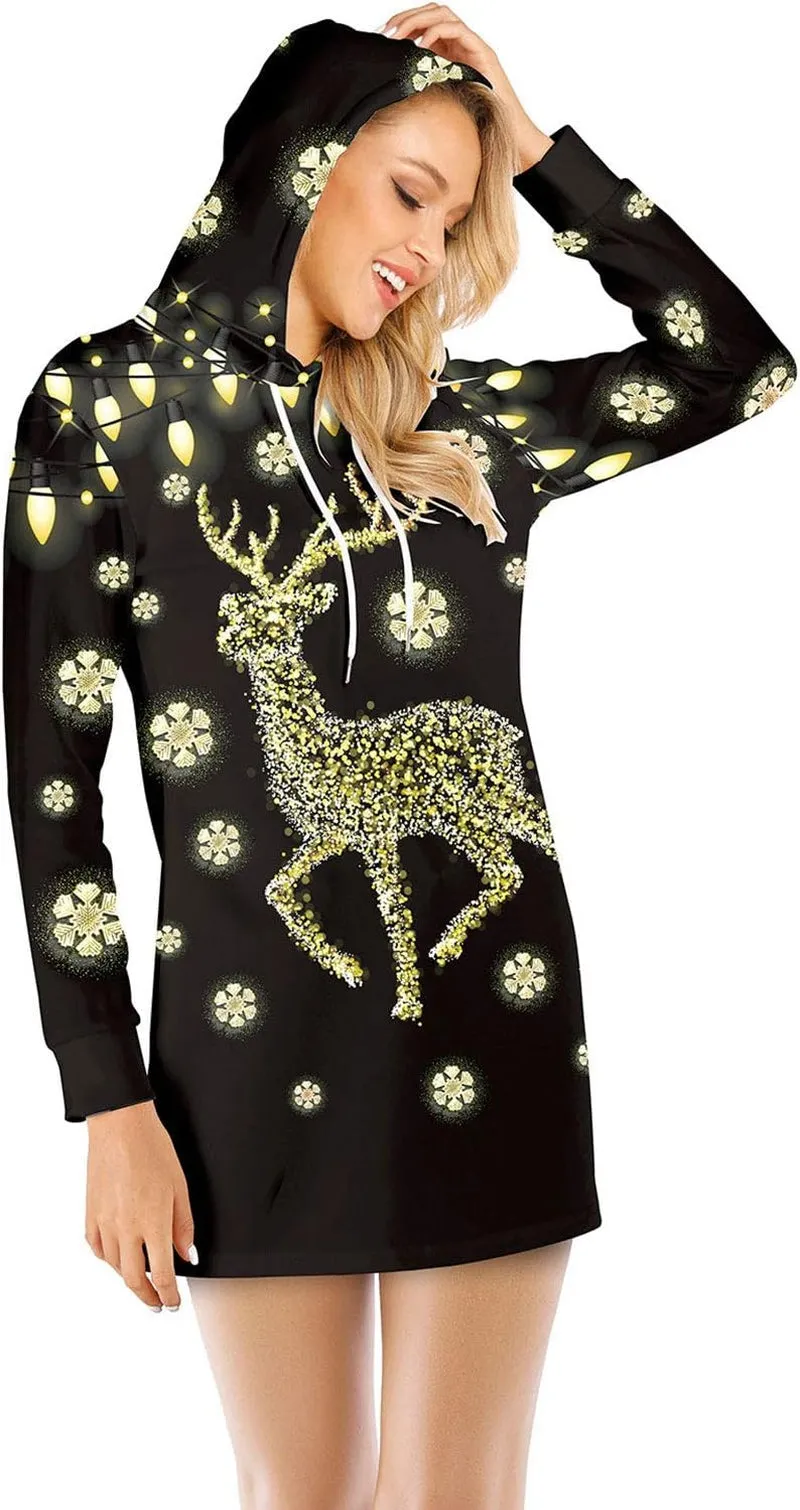 Women'S Reindeer Bodycon Hoodie Dress Christmas Printed Tunic Dress 2XL