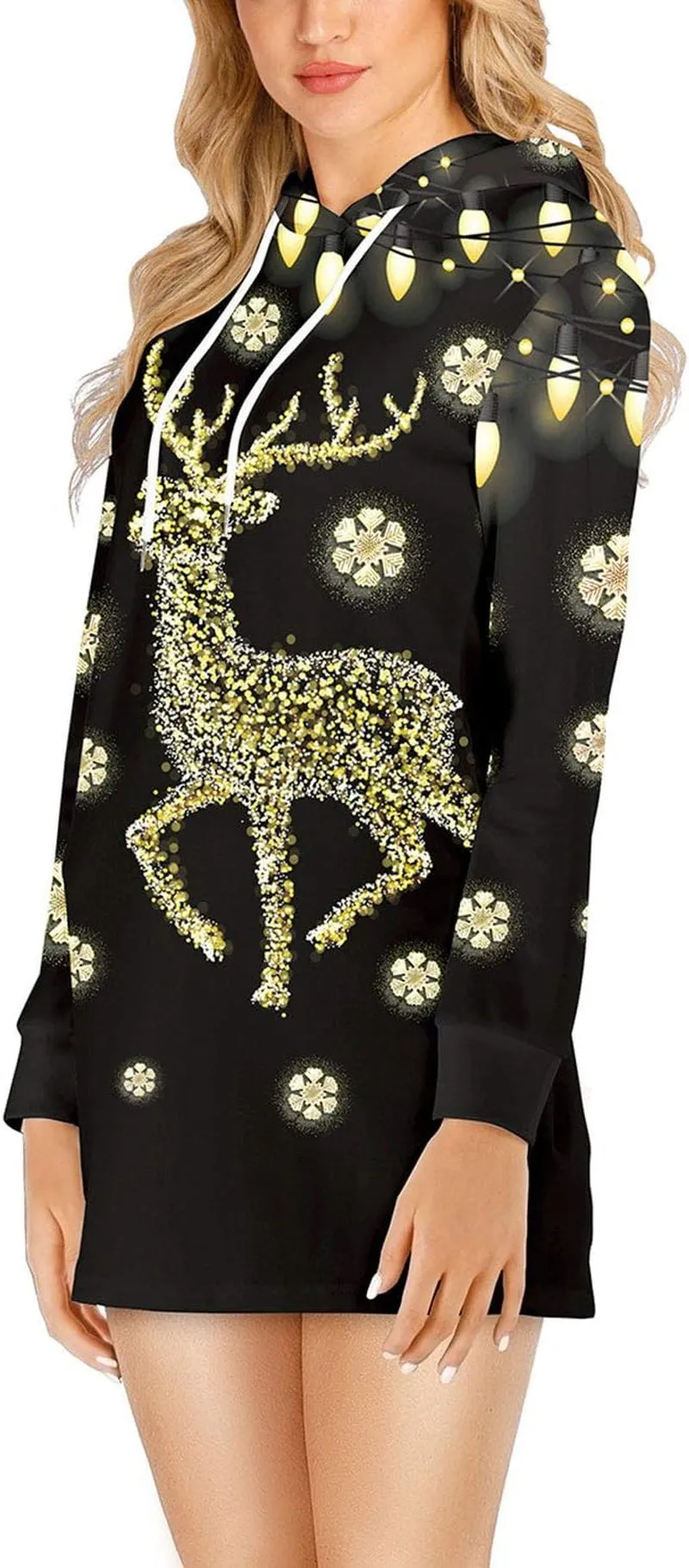 Women'S Reindeer Bodycon Hoodie Dress Christmas Printed Tunic Dress 2XL
